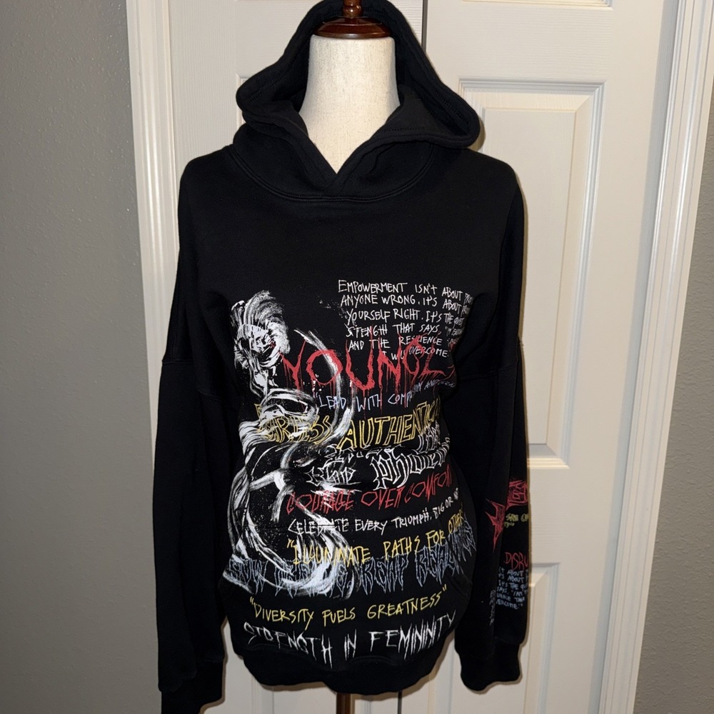 YoungLA Womens Large Power Strength Hoodie- #W559 Black Sweatshirt Oversized